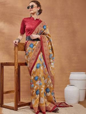 Mustard printed silk blend ethnic saree with blouse piece 4