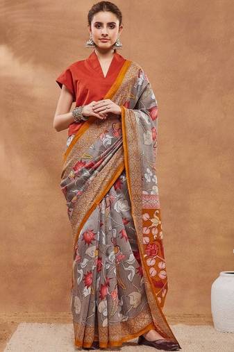 Grey printed silk blend ethnic saree with blouse piece