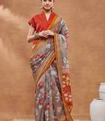 Grey printed silk blend ethnic saree with blouse piece