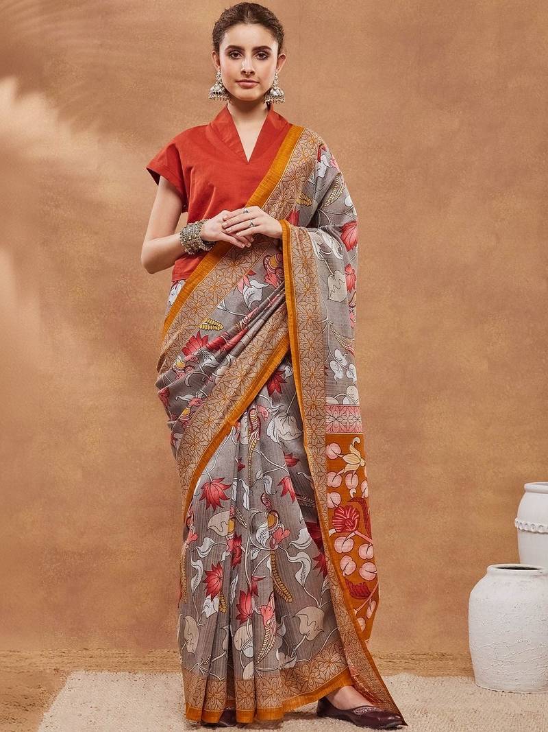 Grey printed silk blend ethnic saree with blouse piece