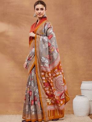 Grey printed silk blend ethnic saree with blouse piece 2