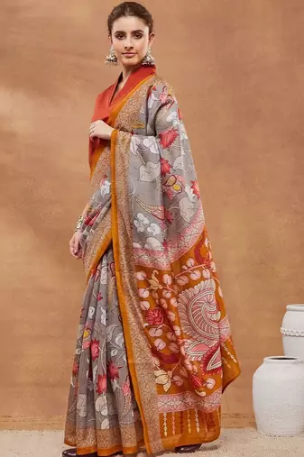 Grey printed silk blend ethnic saree with blouse piece
