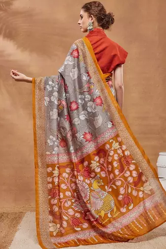 Grey printed silk blend ethnic saree with blouse piece