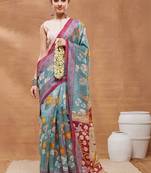 Blue printed silk blend ethnic saree with blouse piece