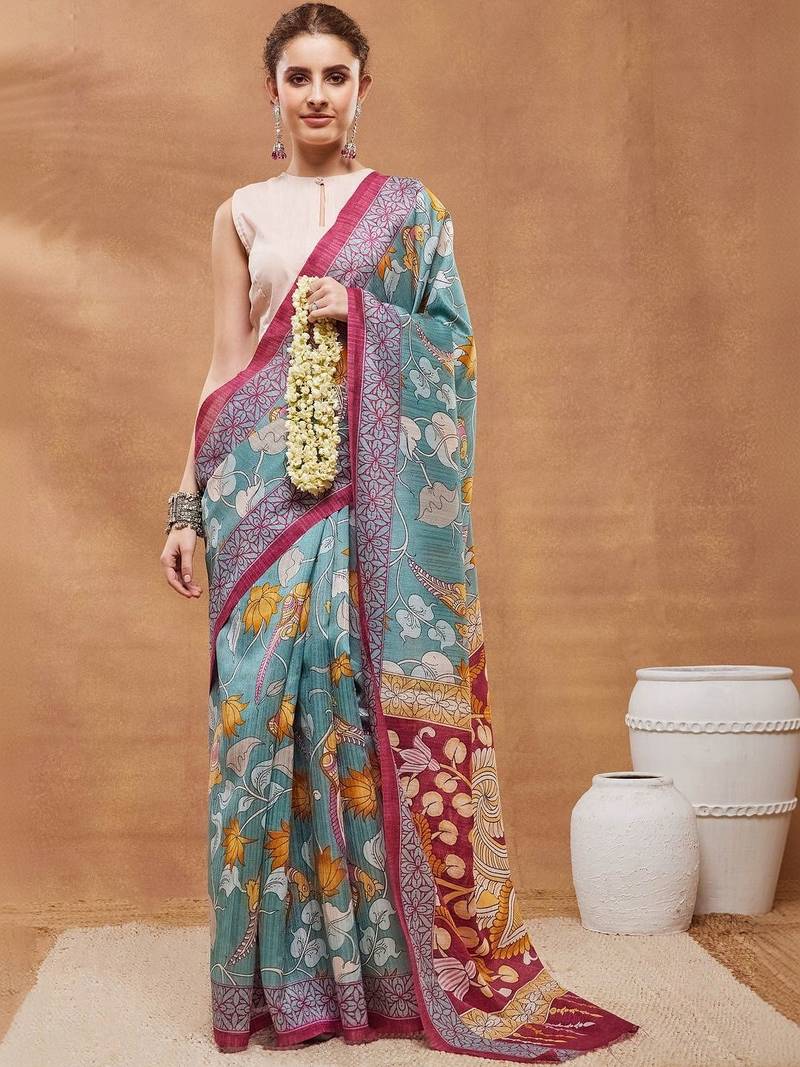 Blue printed silk blend ethnic saree with blouse piece