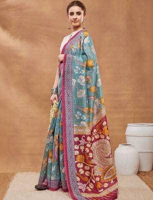 Blue printed silk blend ethnic saree with blouse piece 2