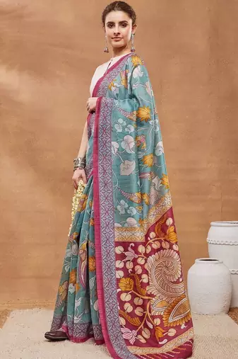 Blue printed silk blend ethnic saree with blouse piece