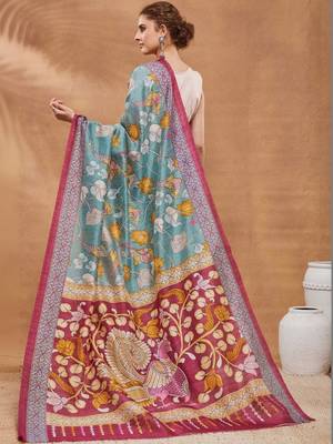 Blue printed silk blend ethnic saree with blouse piece 3