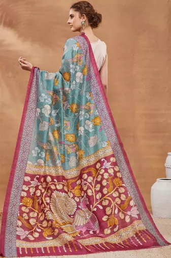 Blue printed silk blend ethnic saree with blouse piece
