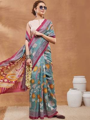 Blue printed silk blend ethnic saree with blouse piece 5