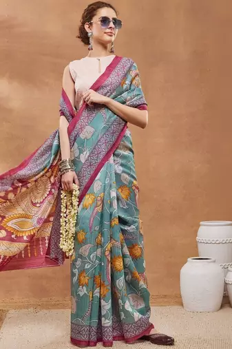 Blue printed silk blend ethnic saree with blouse piece