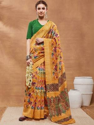 Mustard printed silk blend ethnic saree with blouse piece 1