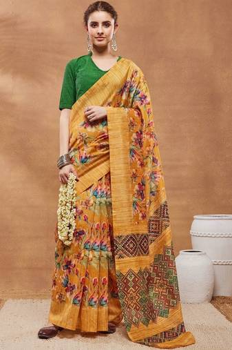 Mustard printed silk blend ethnic saree with blouse piece