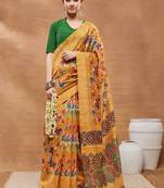 Mustard printed silk blend ethnic saree with blouse piece