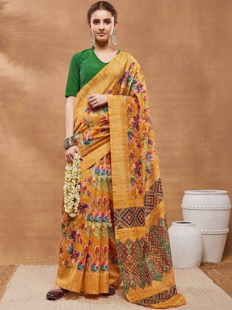 Mustard printed silk blend ethnic saree with blouse piece
