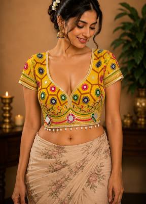Women's yellow real mirror work navratri blouse | heavy beads embroidered italian silk choli 2