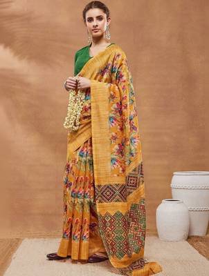 Mustard printed silk blend ethnic saree with blouse piece 2