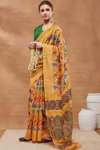Mustard printed silk blend ethnic saree with blouse piece