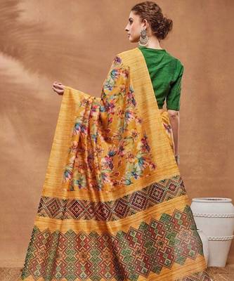 Mustard printed silk blend ethnic saree with blouse piece 3