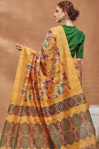 Mustard printed silk blend ethnic saree with blouse piece