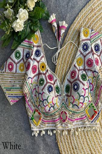 Women's white real mirror work navratri blouse | heavy beads embroidered italian silk choli