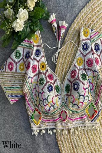 Women's white real mirror work navratri blouse | heavy beads embroidered italian silk choli