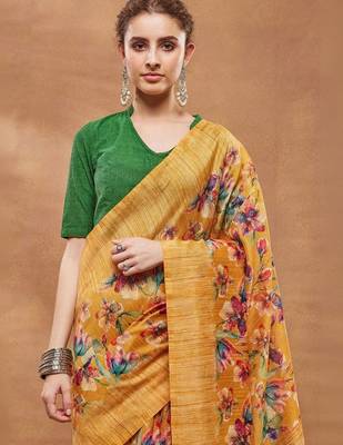 Mustard printed silk blend ethnic saree with blouse piece 5