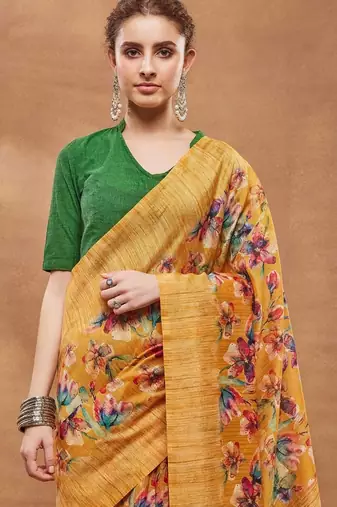 Mustard printed silk blend ethnic saree with blouse piece