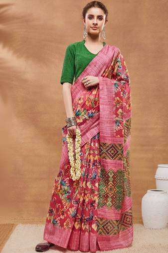 Pink printed silk blend ethnic saree with blouse piece