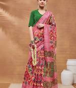 Pink printed silk blend ethnic saree with blouse piece