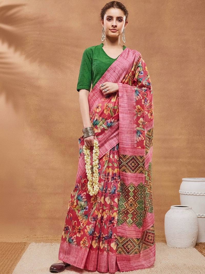 Pink printed silk blend ethnic saree with blouse piece