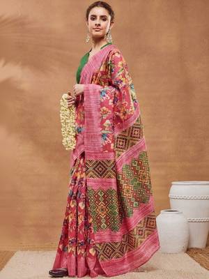 Pink printed silk blend ethnic saree with blouse piece 2