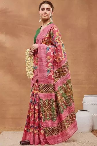 Pink printed silk blend ethnic saree with blouse piece