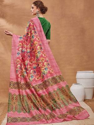 Pink printed silk blend ethnic saree with blouse piece 3