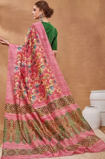 Pink printed silk blend ethnic saree with blouse piece