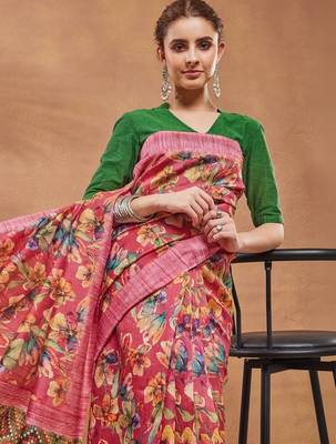 Pink printed silk blend ethnic saree with blouse piece 5