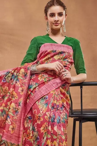Pink printed silk blend ethnic saree with blouse piece