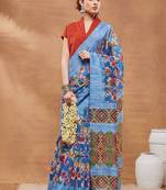 Blue printed silk blend ethnic saree with blouse piece