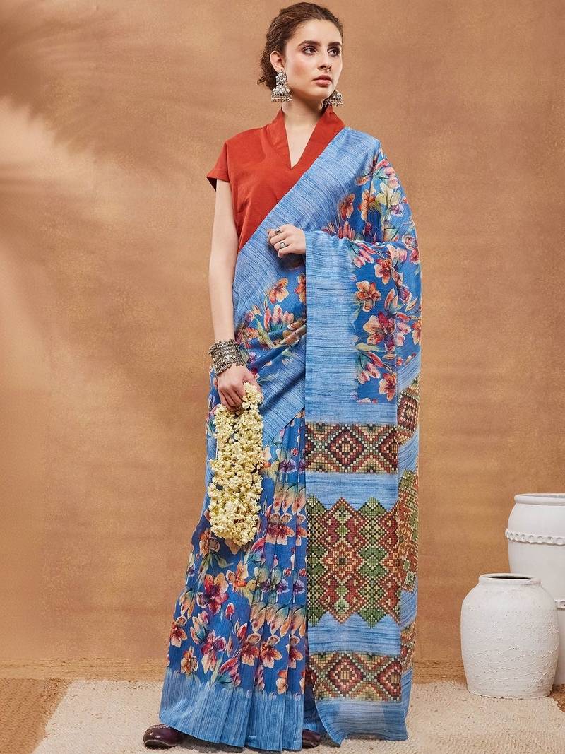 Blue printed silk blend ethnic saree with blouse piece