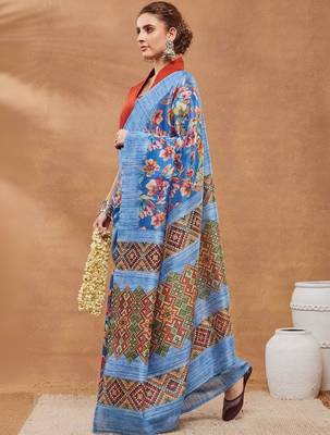 Blue printed silk blend ethnic saree with blouse piece 2