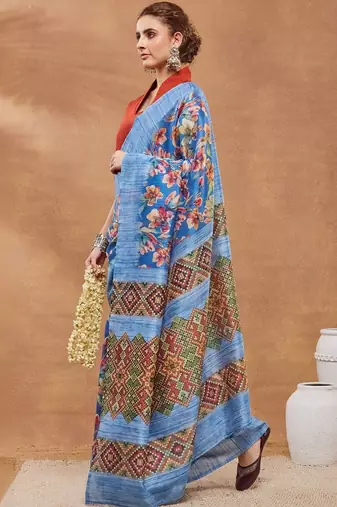 Blue printed silk blend ethnic saree with blouse piece