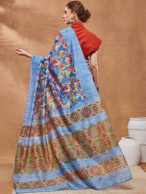 Blue printed silk blend ethnic saree with blouse piece 3