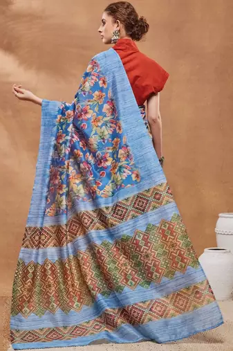 Blue printed silk blend ethnic saree with blouse piece
