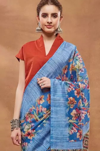 Blue printed silk blend ethnic saree with blouse piece
