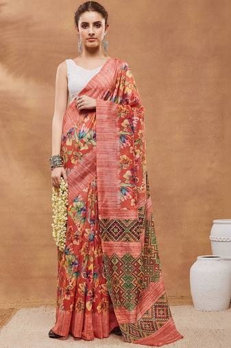 Red printed silk blend ethnic saree with blouse piece