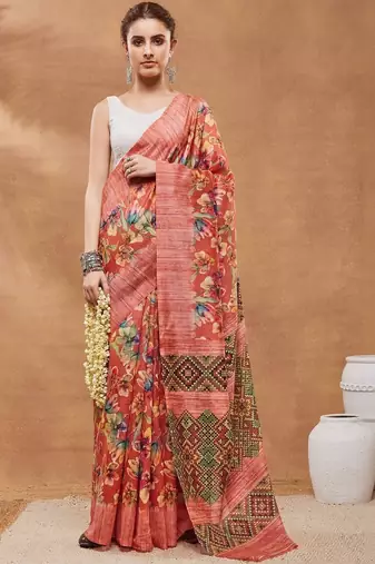 Red printed silk blend ethnic saree with blouse piece