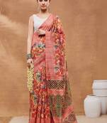 Red printed silk blend ethnic saree with blouse piece