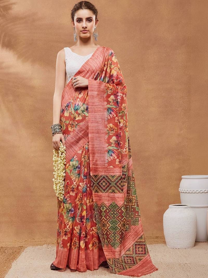 Red printed silk blend ethnic saree with blouse piece