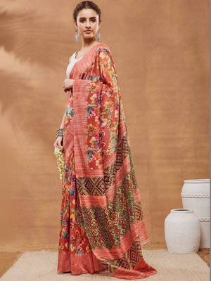 Red printed silk blend ethnic saree with blouse piece 2