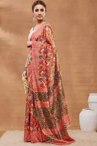 Red printed silk blend ethnic saree with blouse piece